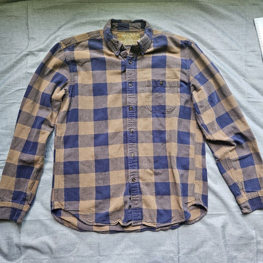 Rustic Outfitters Men Large L‎ Blue Brown Plaid Flannel 100% Cotton